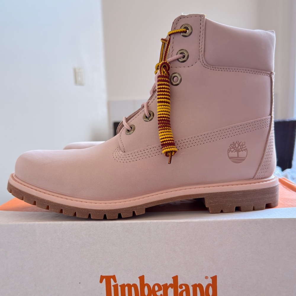 Timberland Light Pink Boots with Yellow-Brown Laces